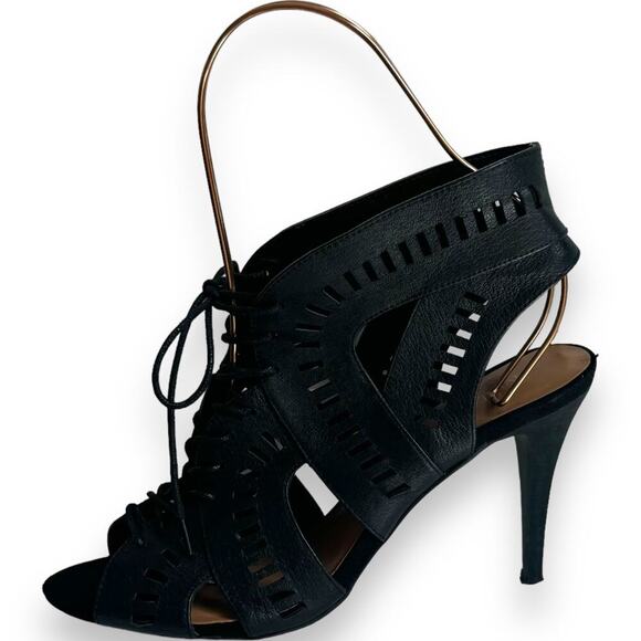 Nine West Black Leather Open Toe Lace Up Heels Ankle Bootie Women’s Size 8 - Picture 2 of 9